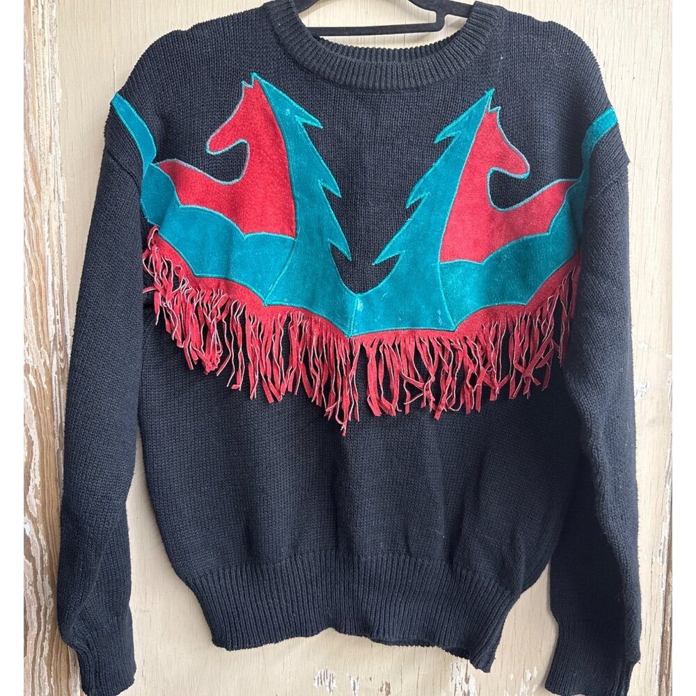 Vintage Pioneer Wear Black Sweater With Red & Teal Suede Western Fringe Medium